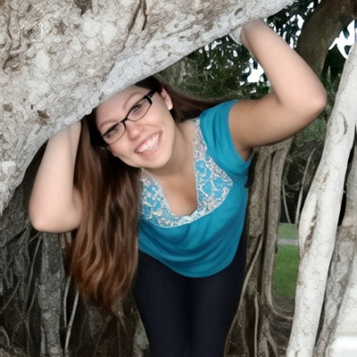 Woman with long brown hair and glasses smiling, leaning through the opening of a tree with intertwined branches.