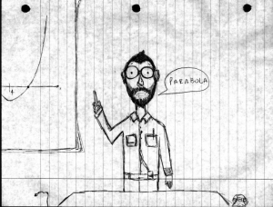 A hand-drawn figure of a man with glasses points at a graph on a board and says "PARABOLA." The graph shows a curved line, typical of a parabola.