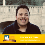 Smiling man stands outdoors in front of a stone bridge. Text overlay reads: "Bryan Medina, University of Central Florida, Computer Science & Mathematics, Hispanic Heritage Scholarship.