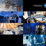 A collage shows the International Space Station, astronauts, mission control, NASA logo, space capsule, parachute test, and underwater astronaut training.