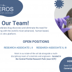 A recruitment flyer from Hesperos Inc. shows a person holding a microfluidic chip and lists open positions for research associates in a drug discovery lab near UCF in Central Florida.