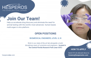 A person holds a transparent chip. Text invites applications for a Biomedical Engineer, Level II, at Hesperos, located near UCF, highlighting their advanced in vitro drug discovery platform.