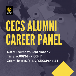 UCF flyer for CECS Alumni Career Panel on Thursday, September 9, from 6:00 PM to 7:00 PM via Zoom, featuring a top-down view of a group meeting at a table.