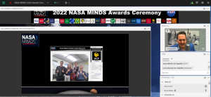 Screenshot of a virtual NASA MINDS 2022 Awards Ceremony with participants, finalists from UCF on screen, and a speaker in a video call on the right side.