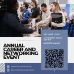 People shake hands and exchange materials at a career and networking event, with event details and a QR code for registration displayed on the right.