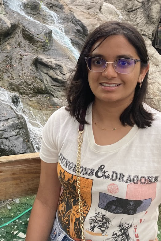 A woman wearing glasses and a Dungeons & Dragons t-shirt stands in front of rocks with a small waterfall, leaning on a wooden railing.
